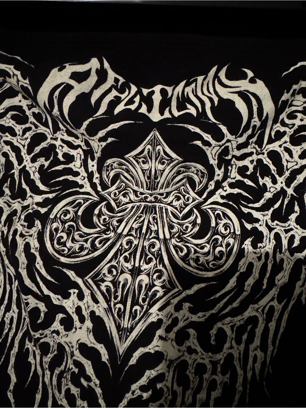 Affliction Black Crop Top with Ivory Graphic Cross